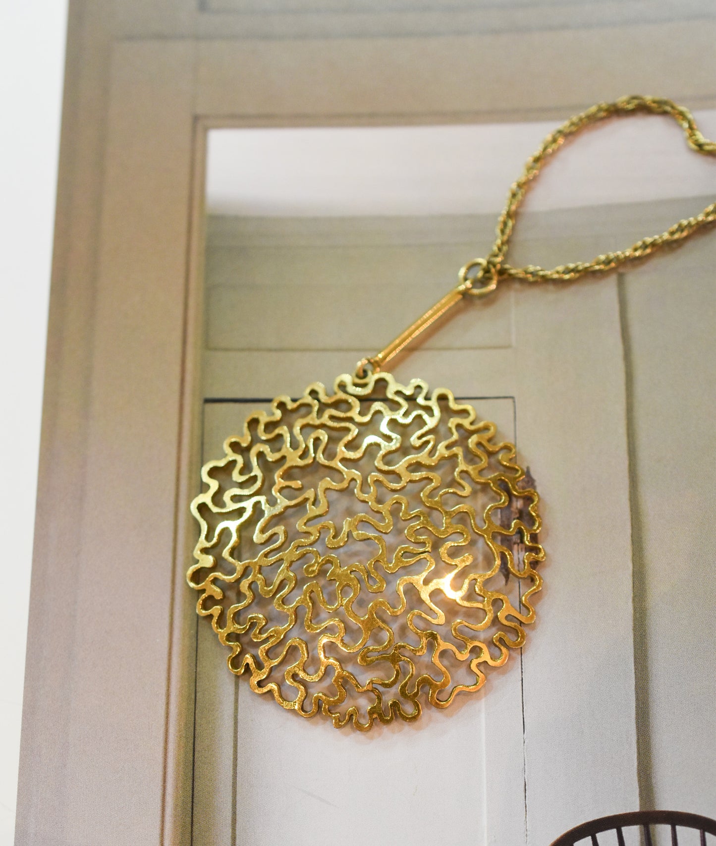 Large and Funky 1970s Round and Domed 9K Yellow Gold Pendant with Fancy Link Chain (18.3 grams)