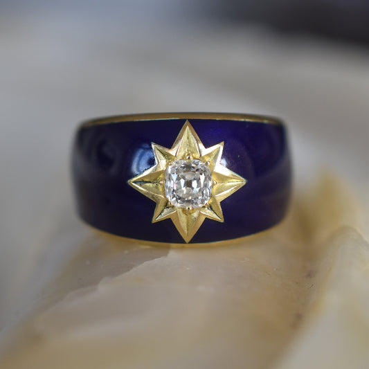 Old Mine cut Diamond and Blue Enamel Celestial ‘Star’ Ring in 18k Yellow Gold