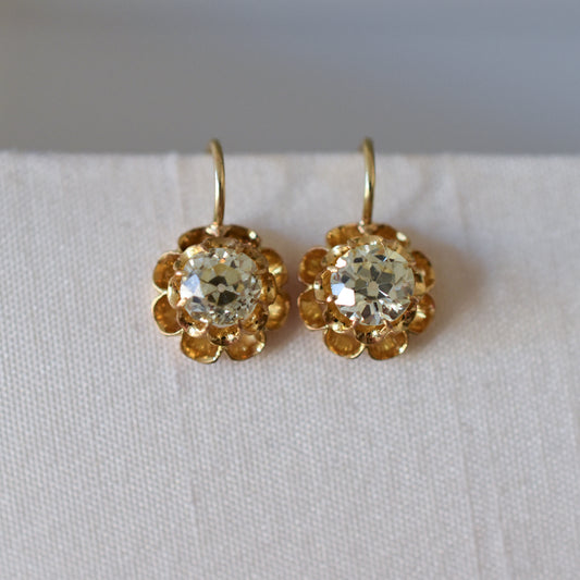 1.00ct Antique 18ct Gold Buttercup Solitaire Diamond Earrings - Victorian Diamond Earrings