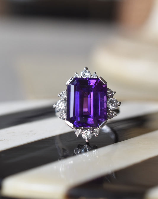 Vintage 1970s Amethyst and Diamond Cocktail Ring in 18k White Gold