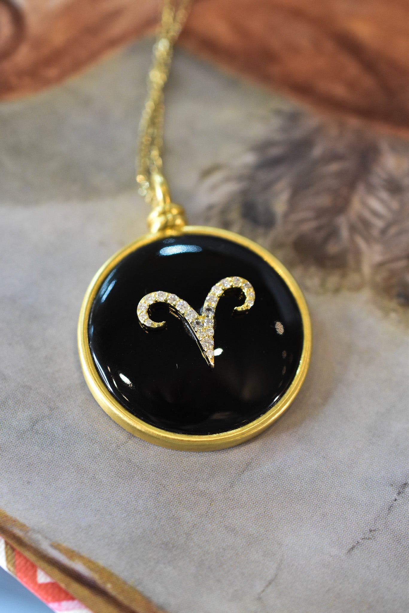 Large Vintage Onyx and Diamond Aries Pendant