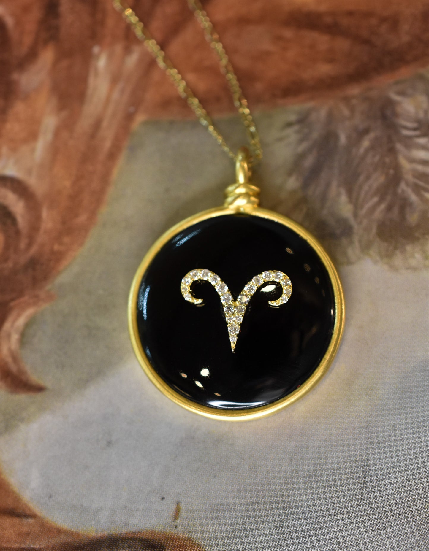 Large Vintage Onyx and Diamond Aries Pendant