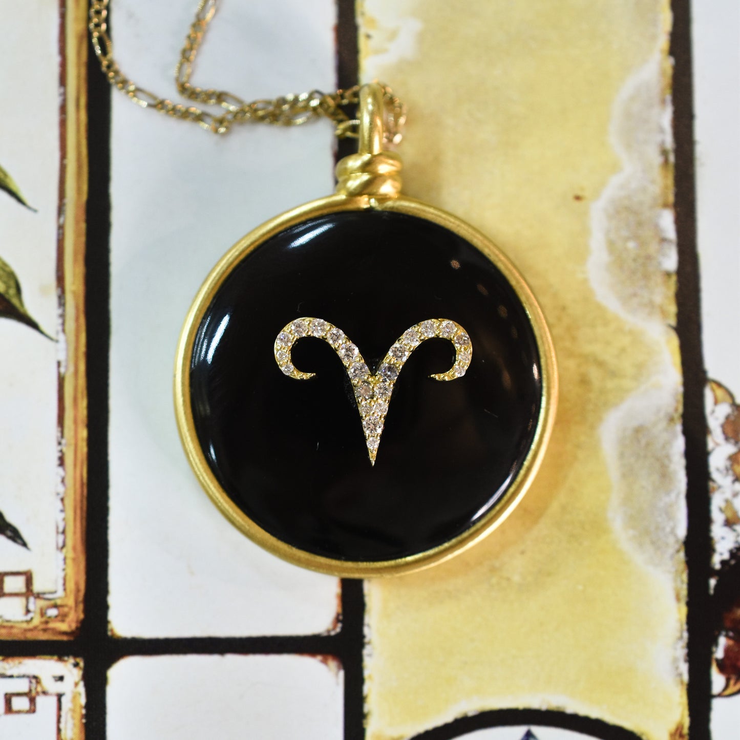 Large Vintage Onyx and Diamond Aries Pendant