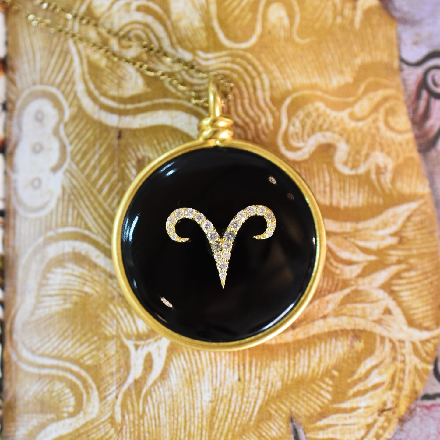 Large Vintage Onyx and Diamond Aries Pendant