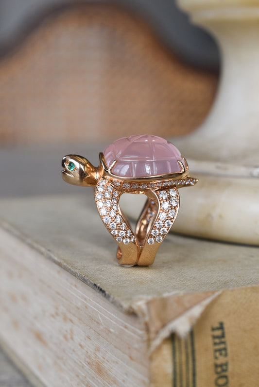 Boucheron 'Honu' Rose Quartz and Diamond Sea Turtle Ring in 18k Yellow Gold