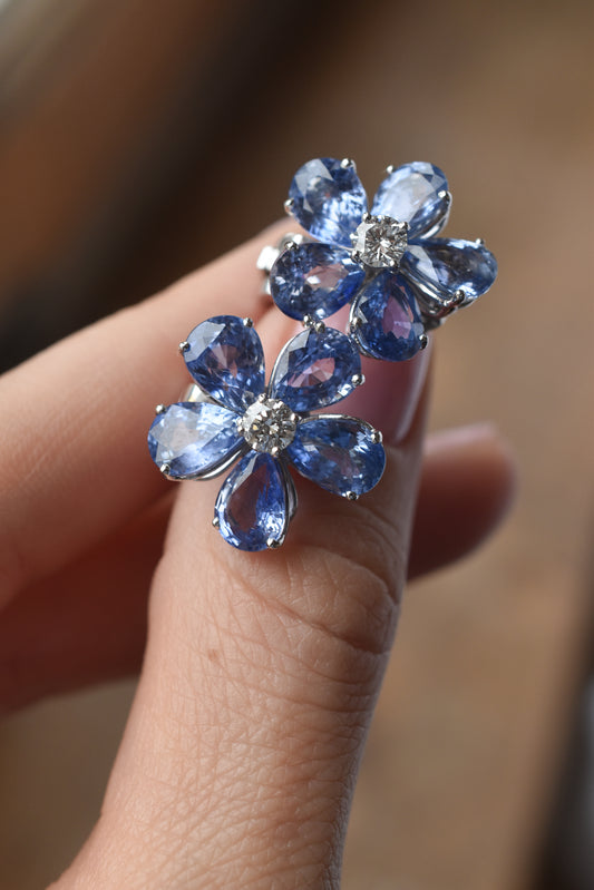 10ct Ceylon Sapphire and Diamond Flower Cluster Earrings in Platinum