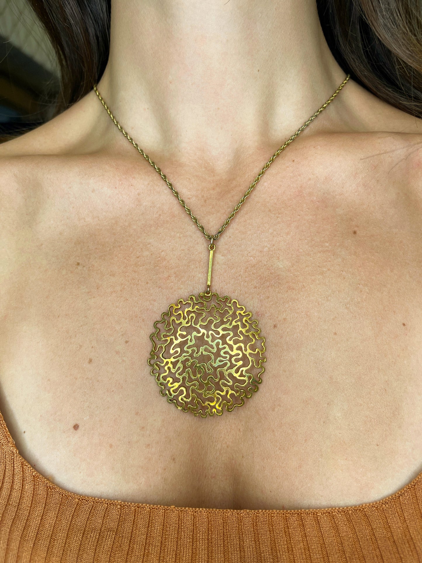 Large and Funky 1970s Round and Domed 9K Yellow Gold Pendant with Fancy Link Chain (18.3 grams)