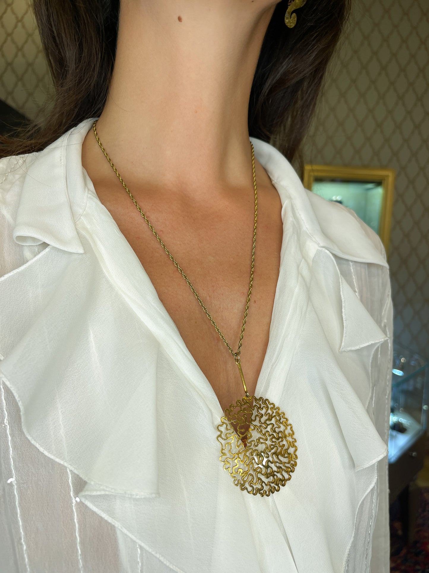 Large and Funky 1970s Round and Domed 9K Yellow Gold Pendant with Fancy Link Chain (18.3 grams)