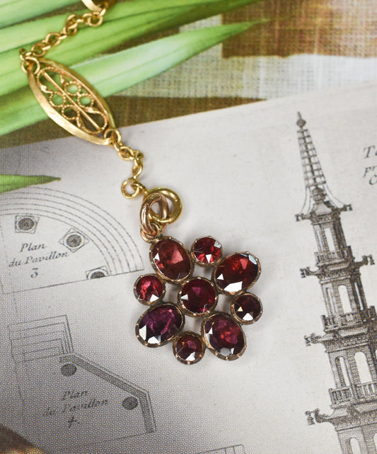 Antique Flat cut Garnet Flower Charm/ Pendant