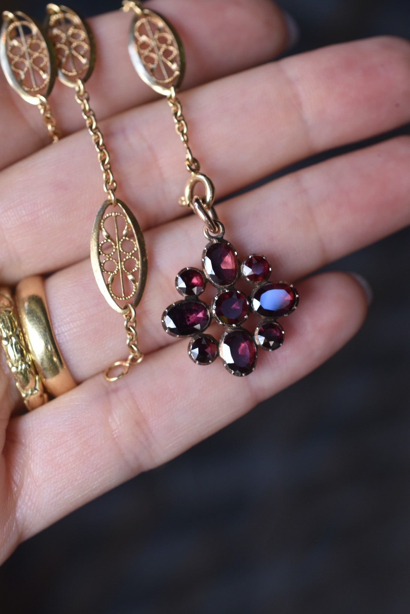 Antique Flat cut Garnet Flower Charm/ Pendant