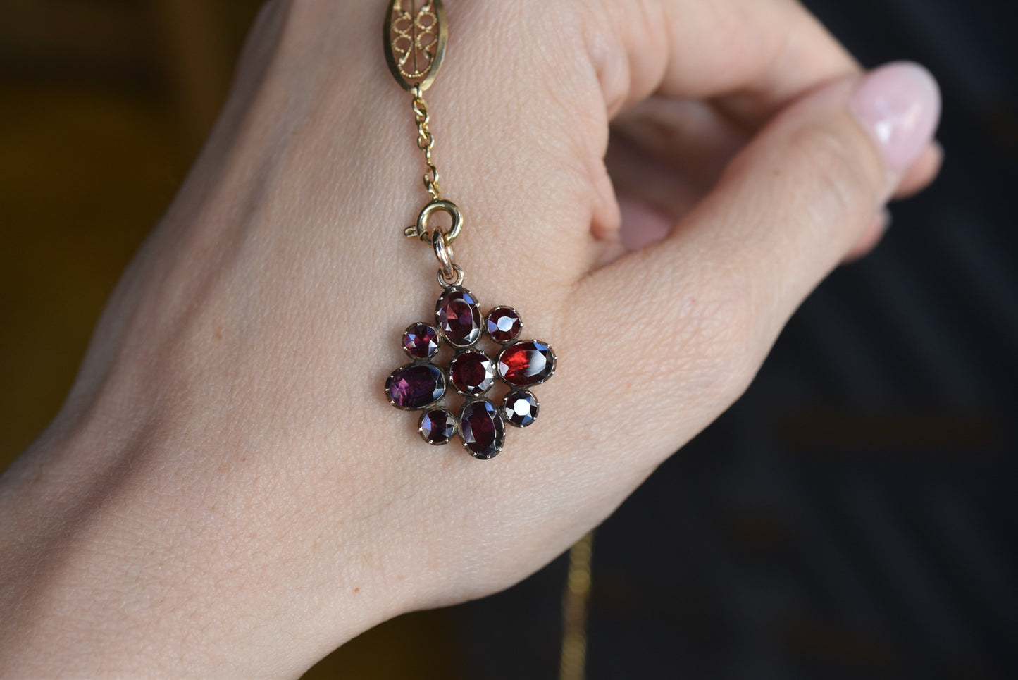 Antique Flat cut Garnet Flower Charm/ Pendant