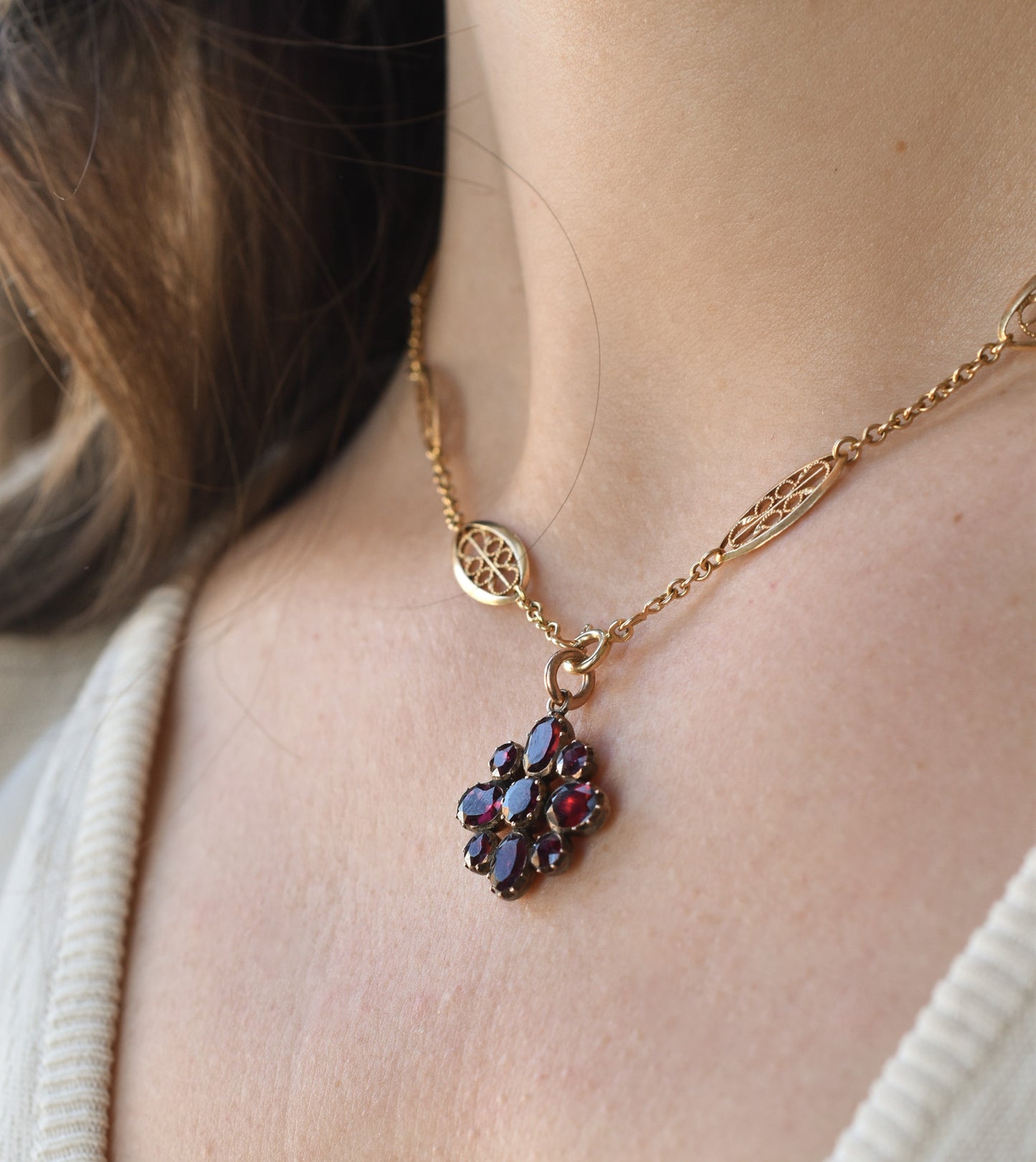 Antique Flat cut Garnet Flower Charm/ Pendant