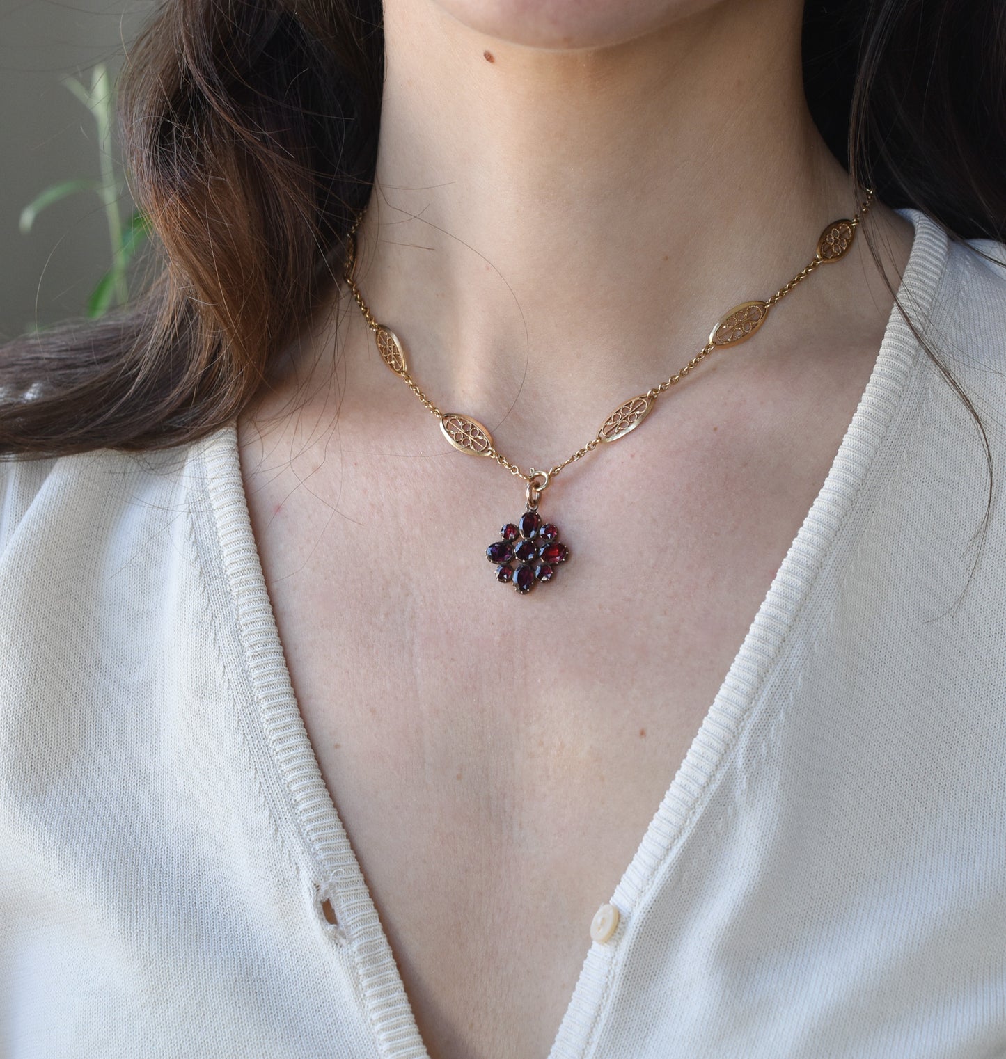 Antique Flat cut Garnet Flower Charm/ Pendant