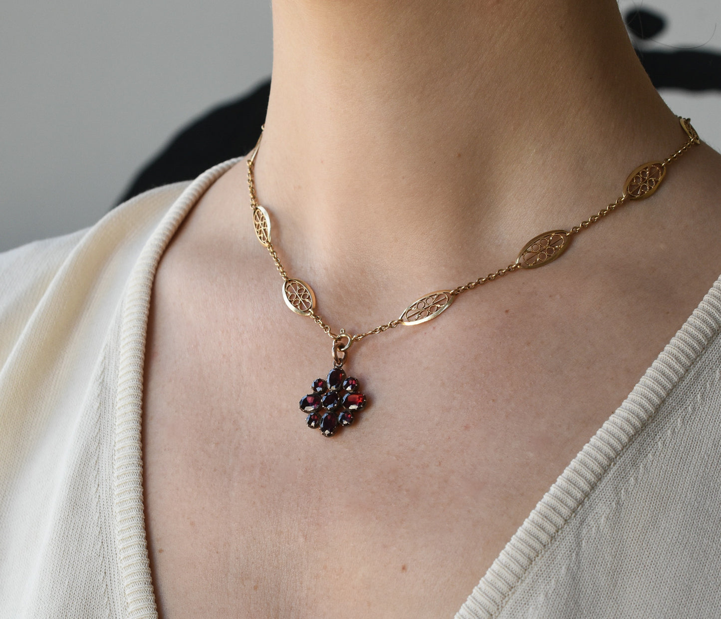 Antique Flat cut Garnet Flower Charm/ Pendant