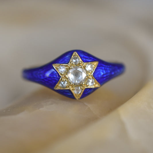 Blue Enamel and Rose cut Diamond Star Ring in 18k Yellow Gold