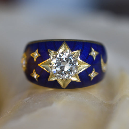 Old European cut Diamond and Blue Enamel Celestial ‘Star’ Ring in 18k Yellow Gold