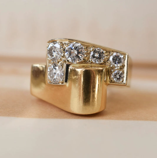 Mid Century French Asymmetrical Diamond Dress Ring in 18ct 18k yellow Gold