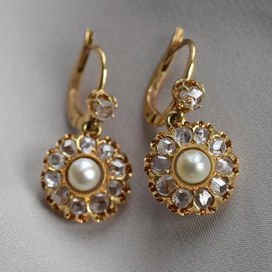 Vintage Italian Rose cut Diamond & Pearl Cluster Earrings