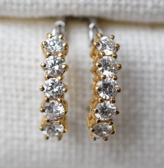 Vintage Italian 1CT Diamond Half Hoop Earrings in 18k Yellow and White Gold