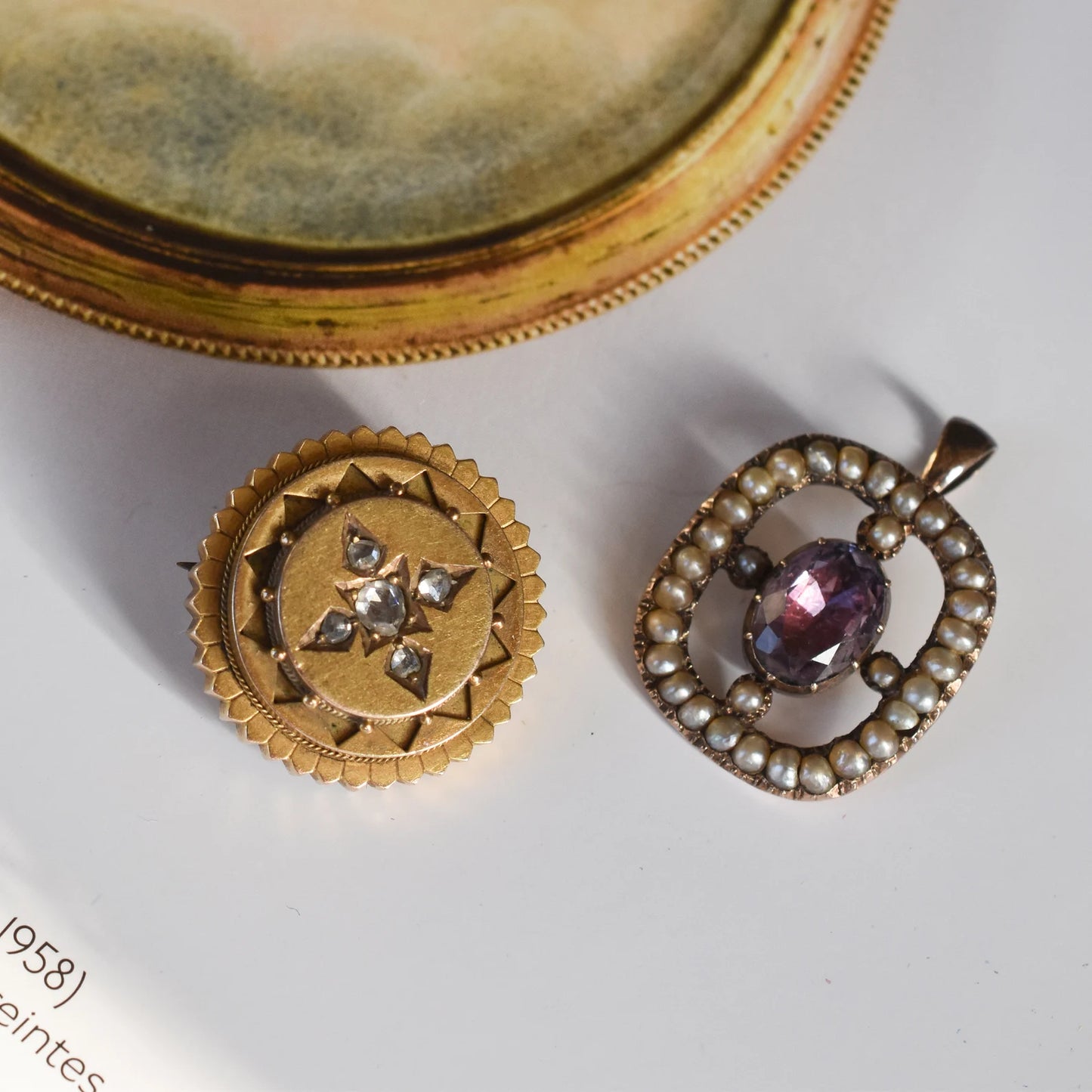 Antique Georgian Foiled Amethyst and Seed Pearl Pendant in Lower Carat Gold