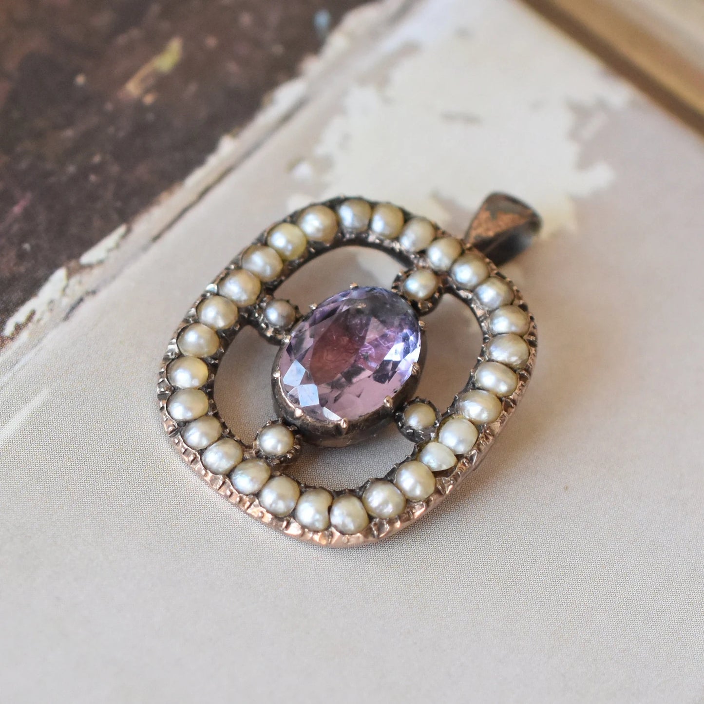 Antique Georgian Foiled Amethyst and Seed Pearl Pendant in Lower Carat Gold