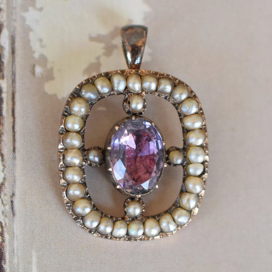 Antique Georgian Foiled Amethyst and Seed Pearl Pendant in Lower Carat Gold