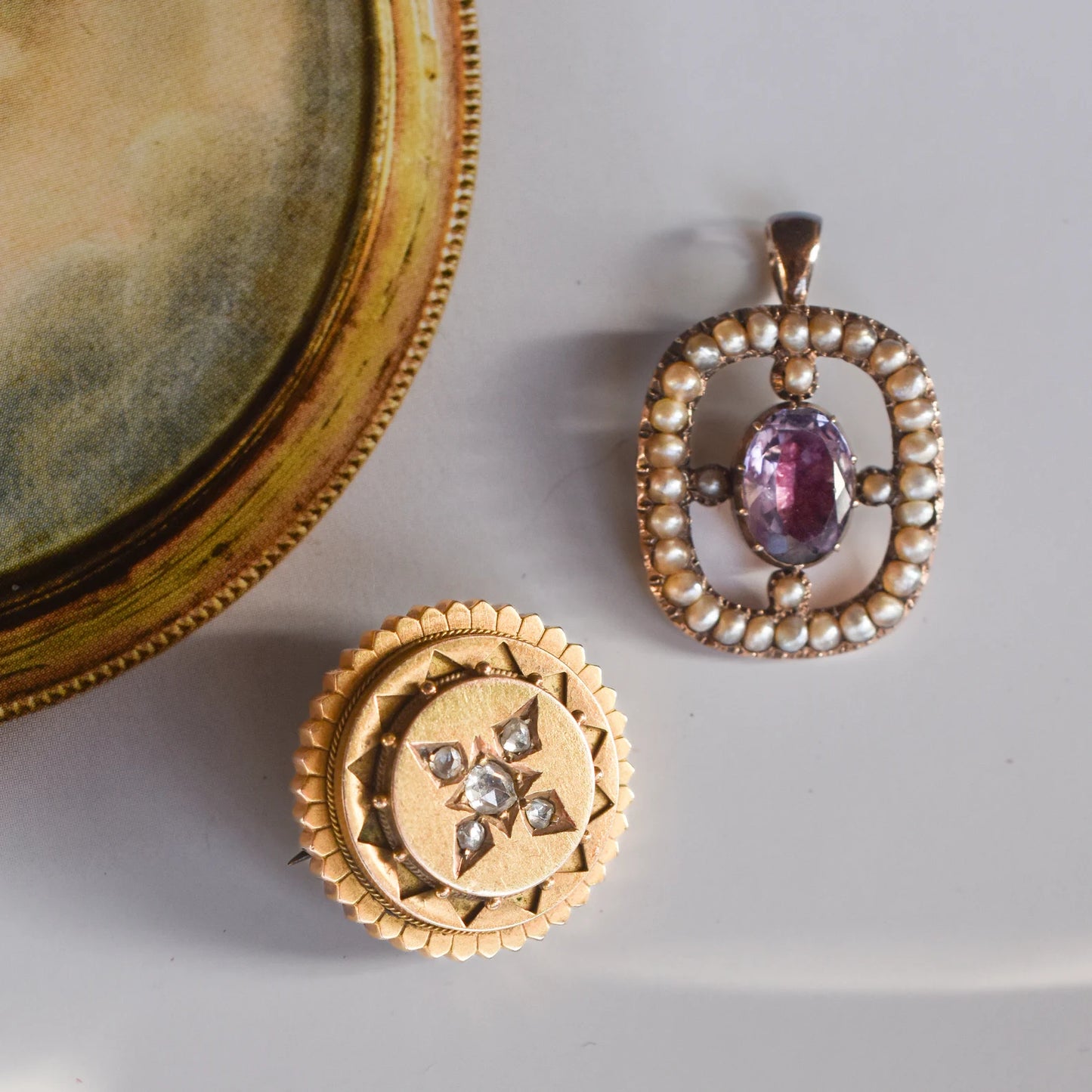 Antique Georgian Foiled Amethyst and Seed Pearl Pendant in Lower Carat Gold